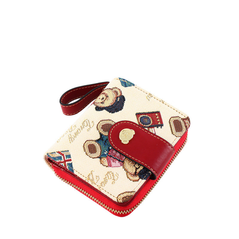 Cute Bear Short Wallet – Red Woven Coin Purse Clutch