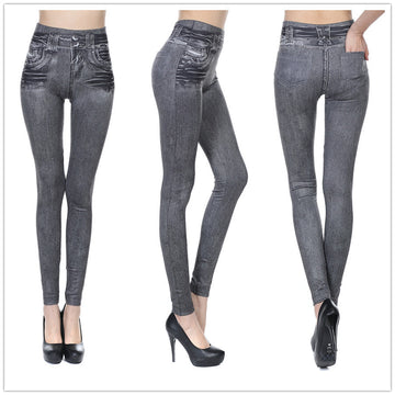 European and American large size imitation denim leggings female Amazon high waist brushed pants legging pocket leggings wholesale