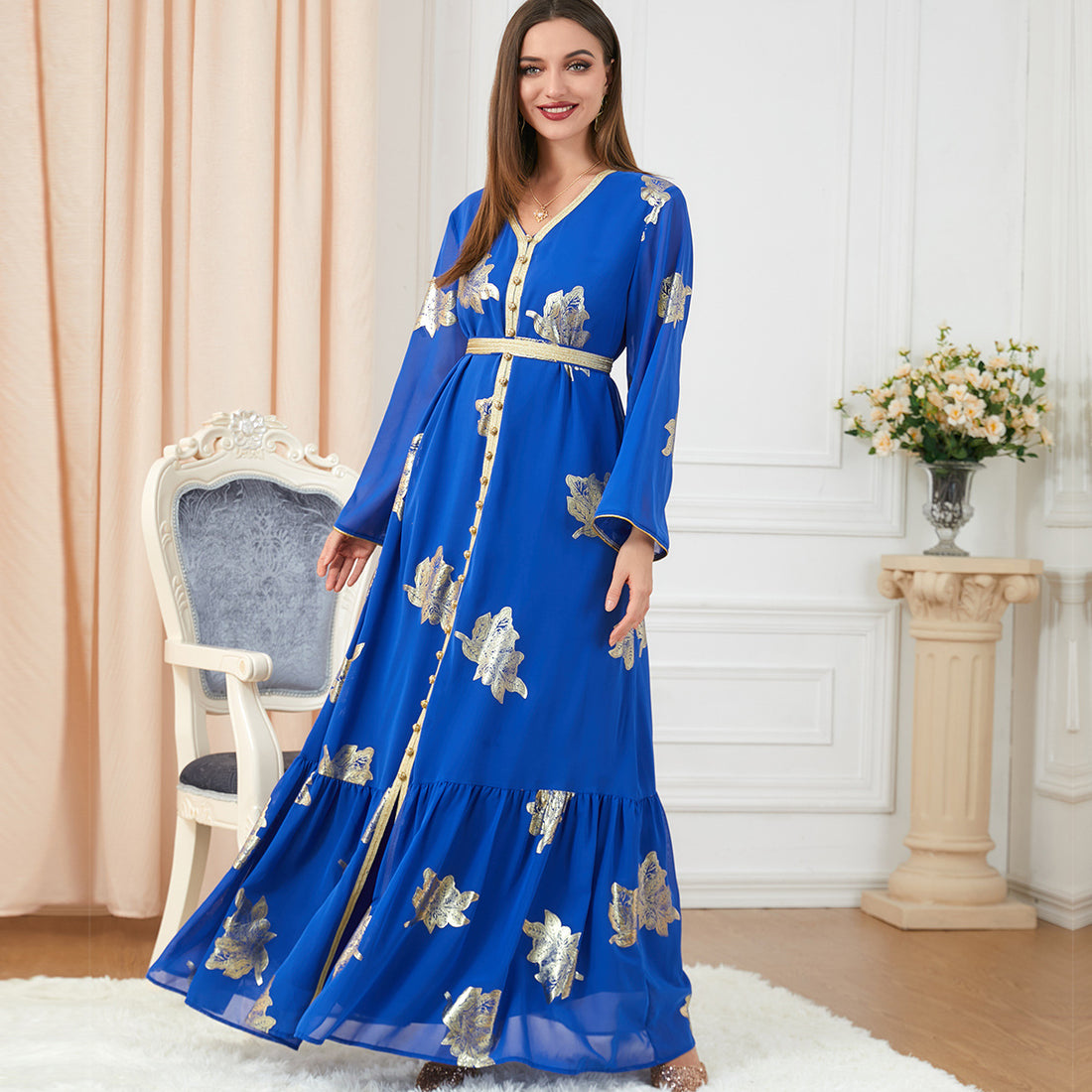 Floral Maxi Dress – Gold Foil Printed Pleated Fit