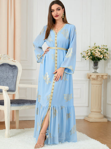 Floral Maxi Dress – Gold Foil Printed Pleated Fit