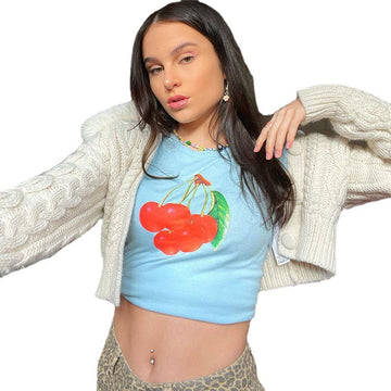 Cherry Print Crop Top – Breathable Cotton Slim Fit