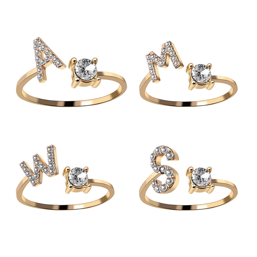 Zircon Initial Open Ring – Adjustable Gold Accent