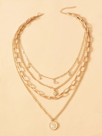 Necklace Round Pendant Layered Necklace European and American Cross-border Necklace Multi-layer Rhinestone Beauty Head Necklace